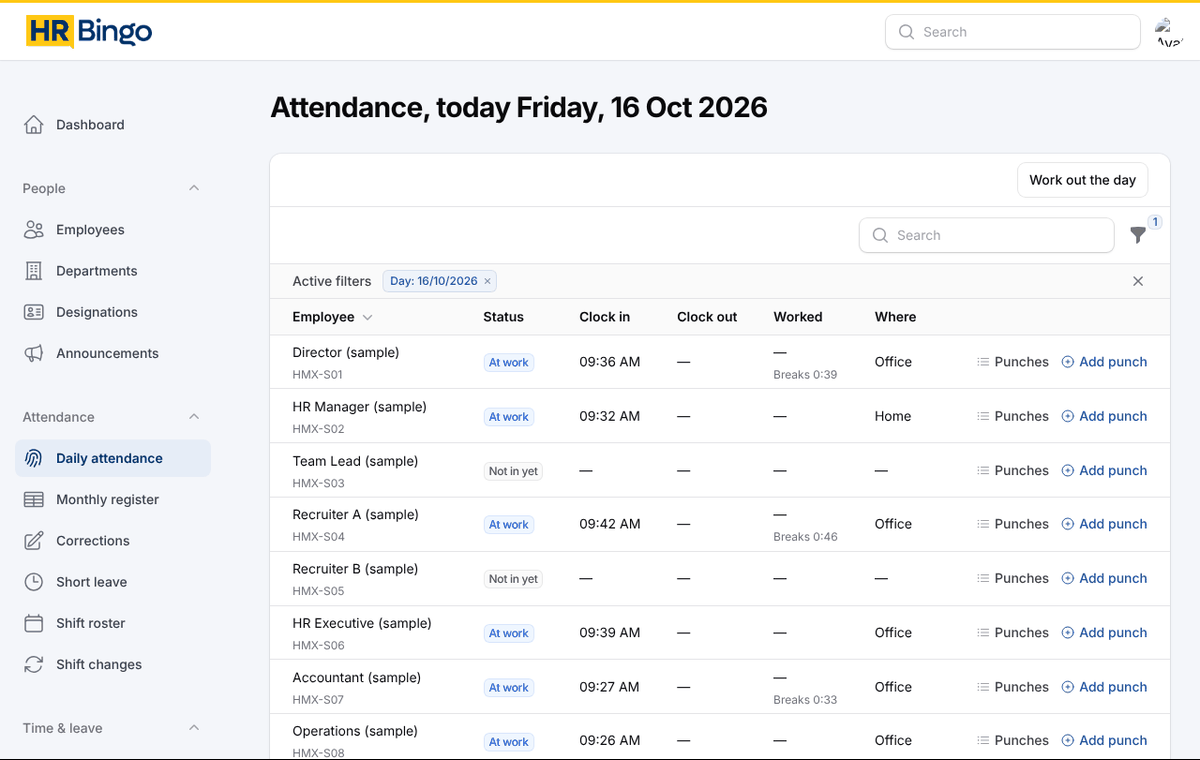 Daily attendance in HR Bingo