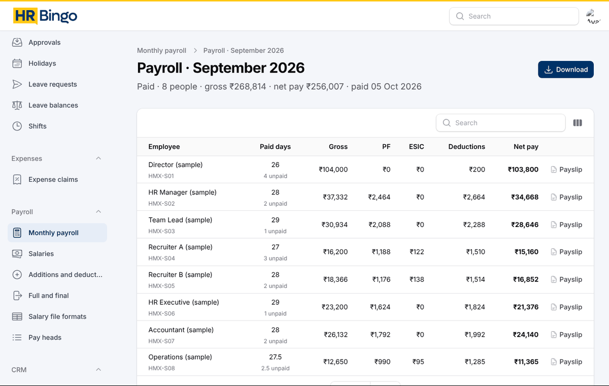 Monthly payroll in HR Bingo