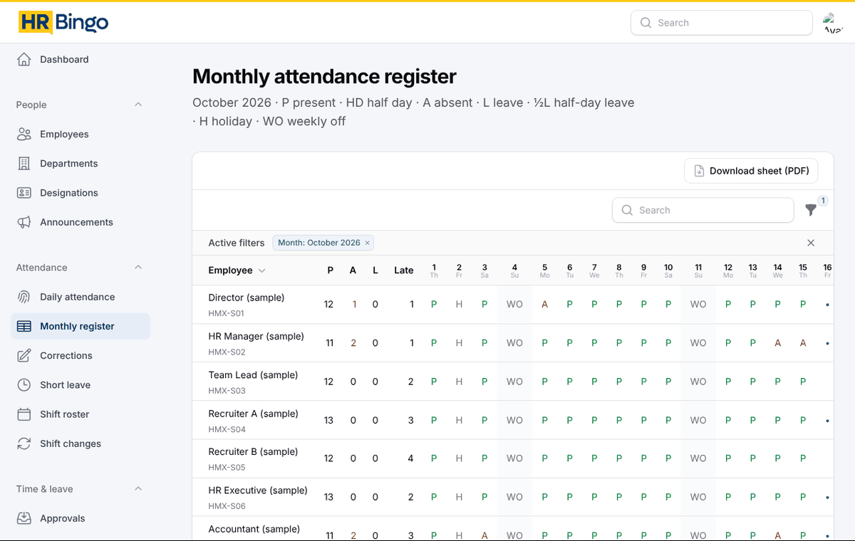 Monthly attendance register in HR Bingo with present, absent, leave and weekly offs for each employee